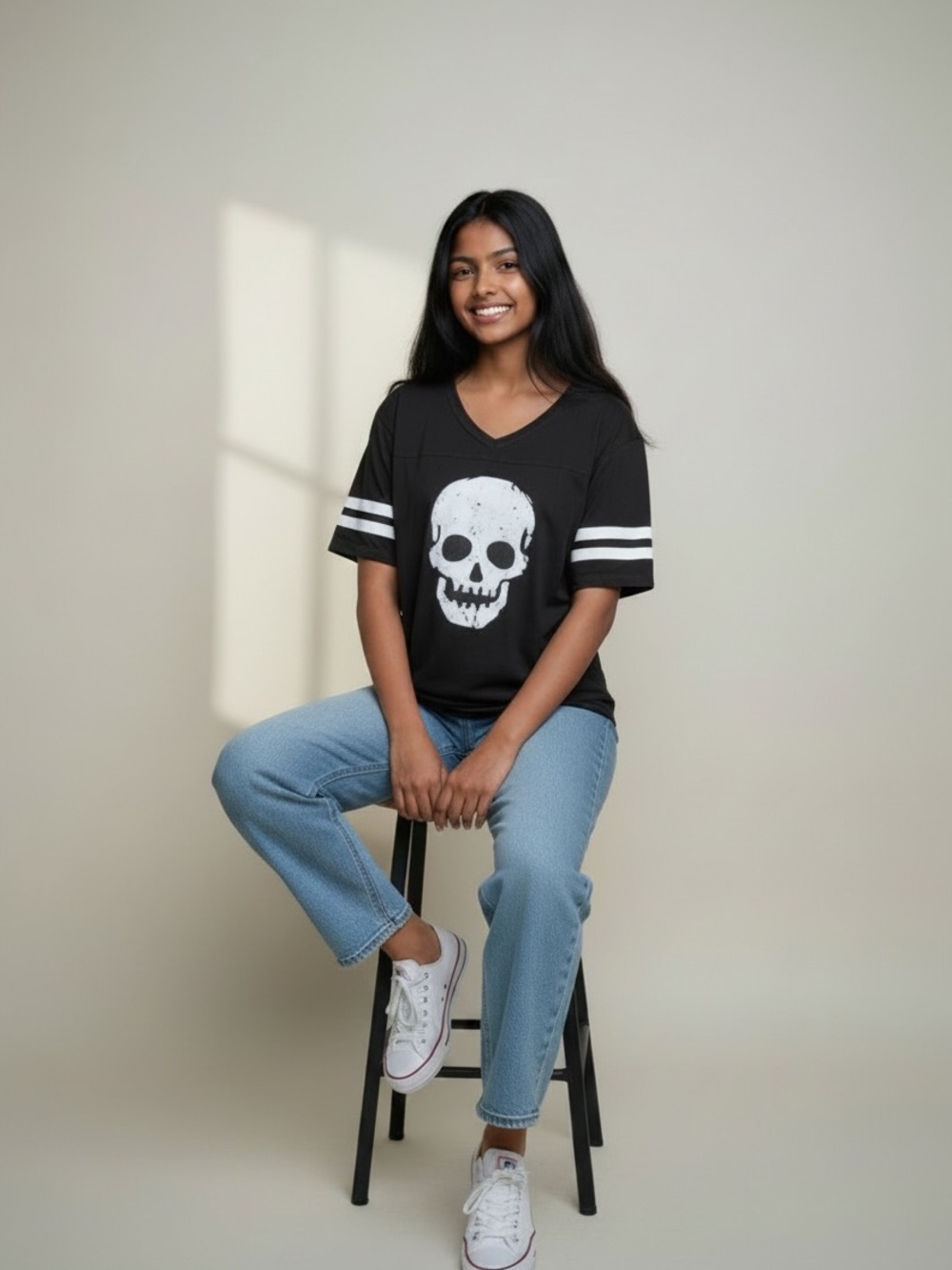 Vintage No Boundaries Skull Varsity Striped Tee Junior's XL Y2K Goth